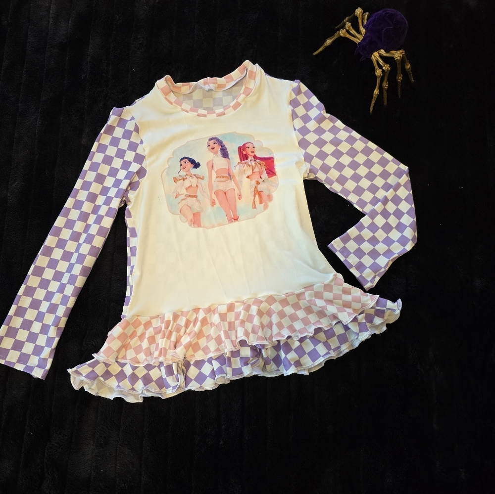 Kpop Girls' Purple and White Checkered Long Sleeve Top